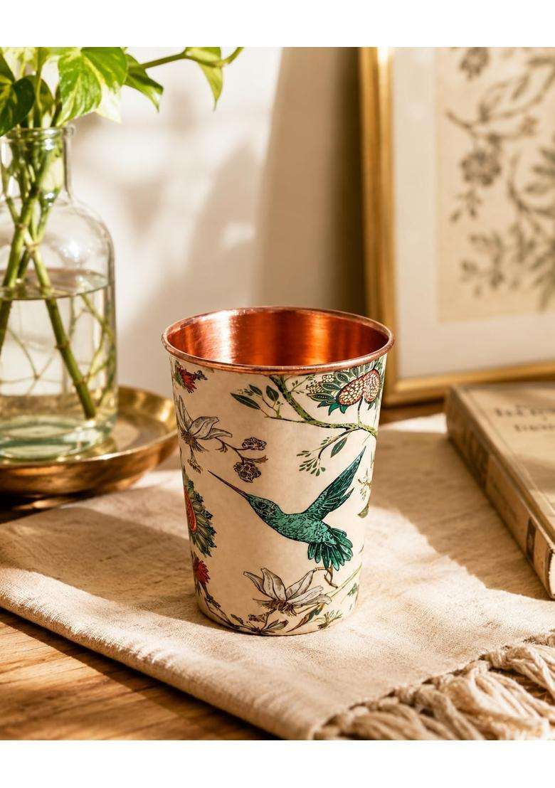 i2collections Copper Water Glass Capacity with Bird and Floral Design | 300 ml | 10.1 fl oz - Indya