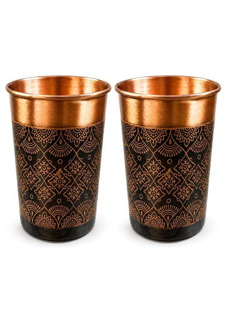 i2collections Pure Copper Water Glass with Handcrafted Etched Design | 300 ml | 10.1 fl oz | 2-Piece Set - Indya