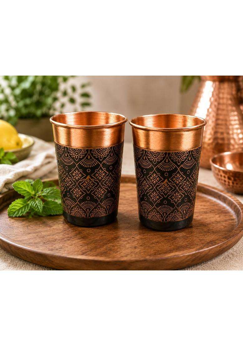 i2collections Pure Copper Water Glass with Handcrafted Etched Design | 300 ml | 10.1 fl oz | 2-Piece Set - Indya