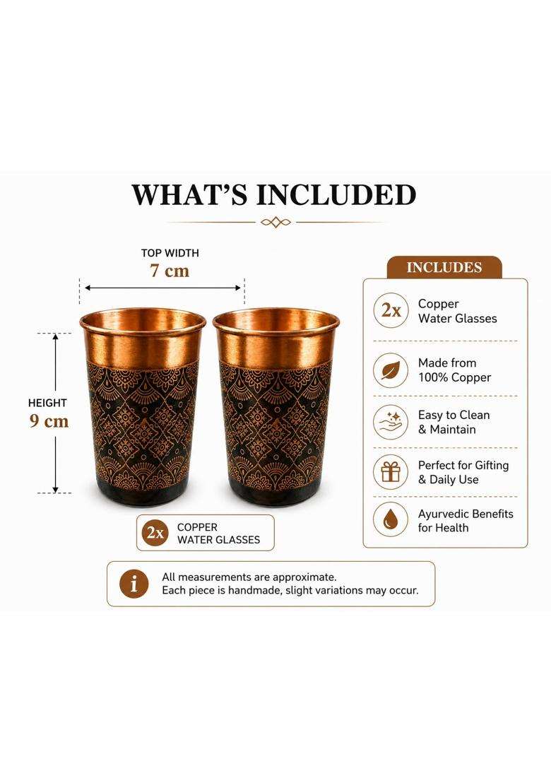 i2collections Pure Copper Water Glass with Handcrafted Etched Design | 300 ml | 10.1 fl oz | 2-Piece Set - Indya