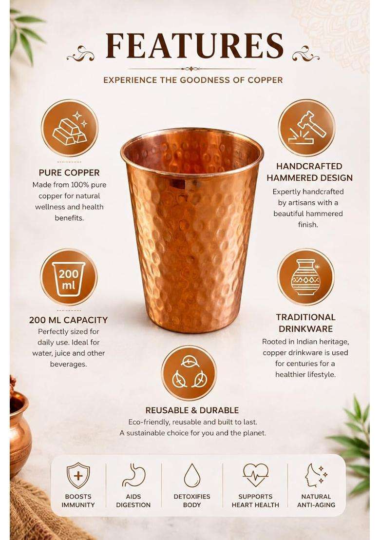 i2collections Mini Copper Glass Handcrafted Hammered Pure Copper Tumbler for Drinking Water | 200 ml | 6.8 fl oz - Indya