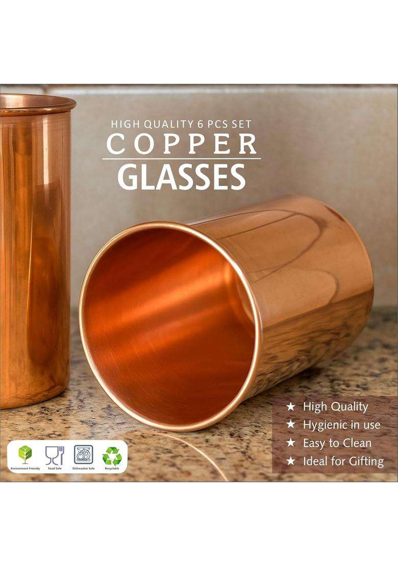 Prabha Copper Glass for Water | 350 ml | 11.8 fl oz | 6-Piece Set - Indya