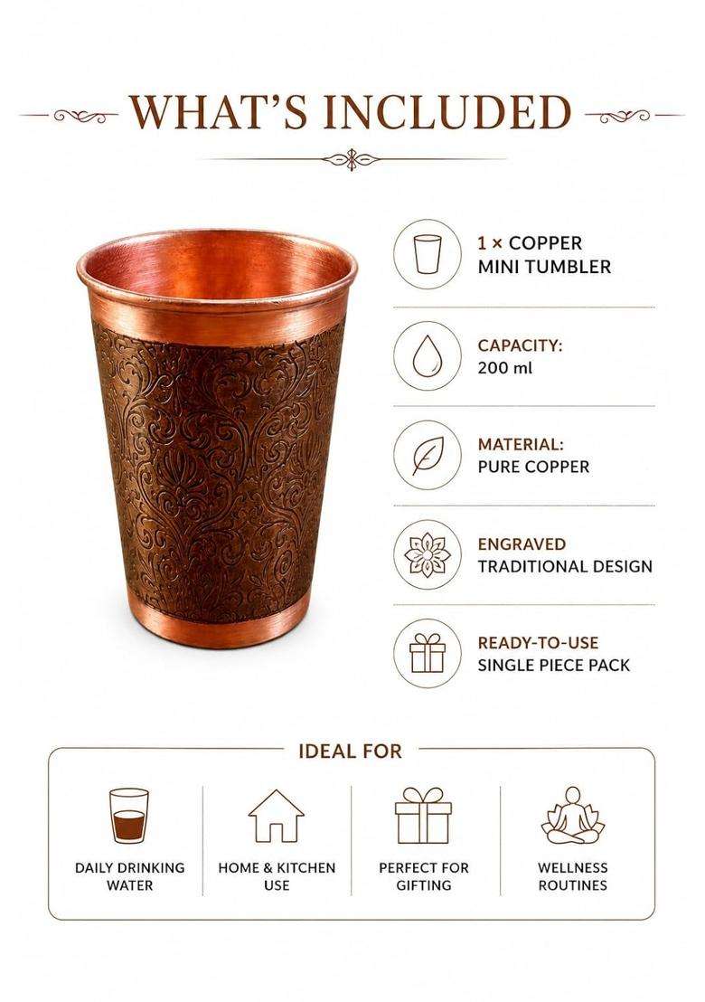 i2collections Pure Copper Etched Mini Shot Glass | 200 ml | 6.8 fl oz | 6.5 cm | 2.6 Inch | Handcrafted - Indya