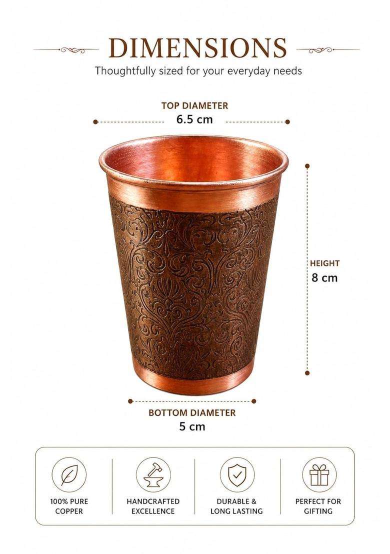 i2collections Pure Copper Etched Mini Shot Glass | 200 ml | 6.8 fl oz | 6.5 cm | 2.6 Inch | Handcrafted - Indya