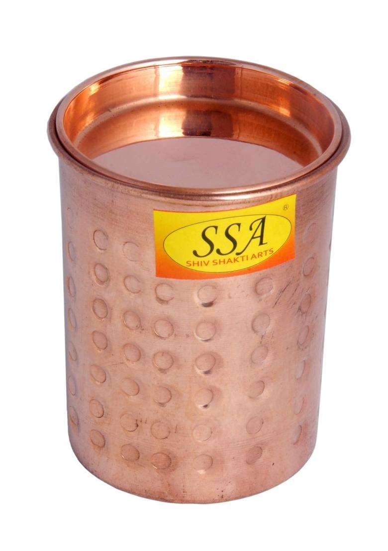 SHIV SHAKTI ARTS Pure Copper Glass Tumbler Cup | 300 ml | 10.1 fl oz | Hammered Finish | With Lid - Indya