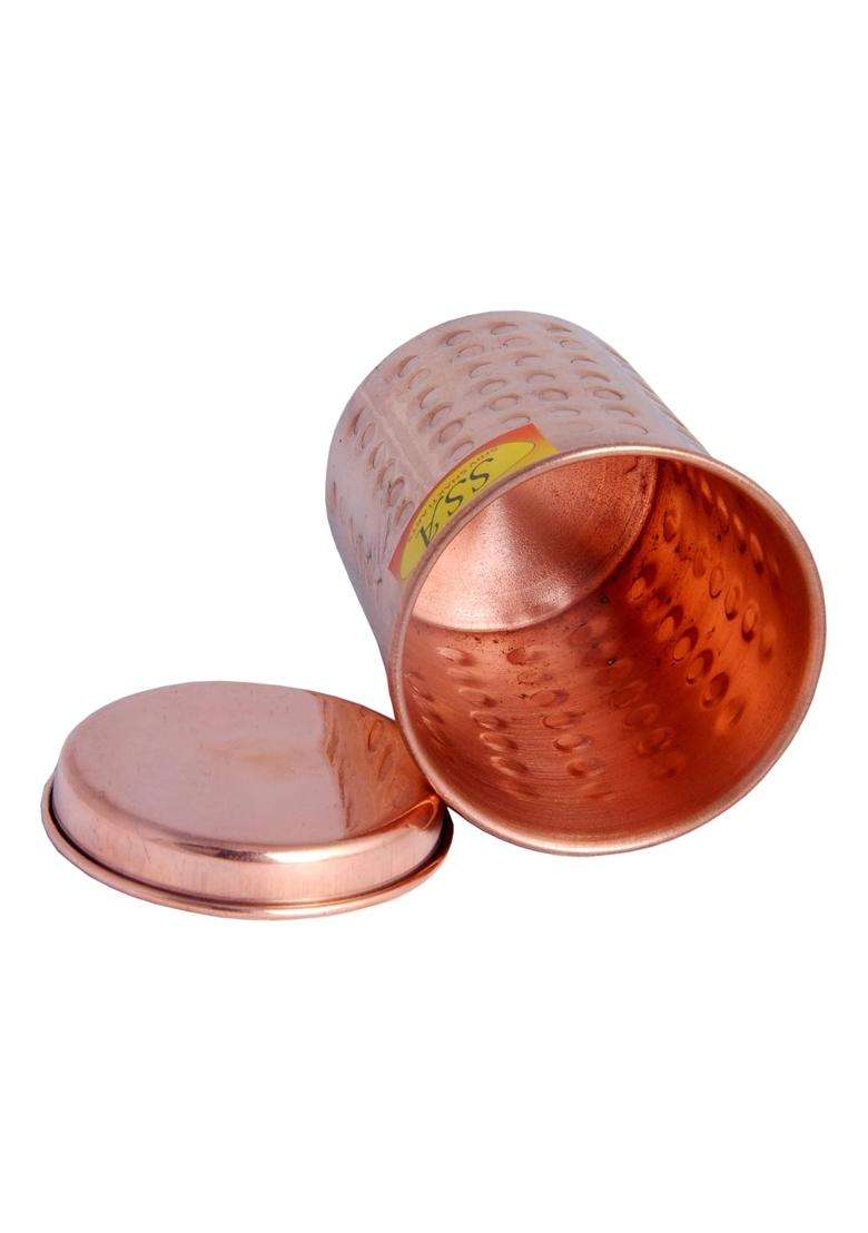 SHIV SHAKTI ARTS Pure Copper Glass Tumbler Cup | 300 ml | 10.1 fl oz | Hammered Finish | With Lid - Indya