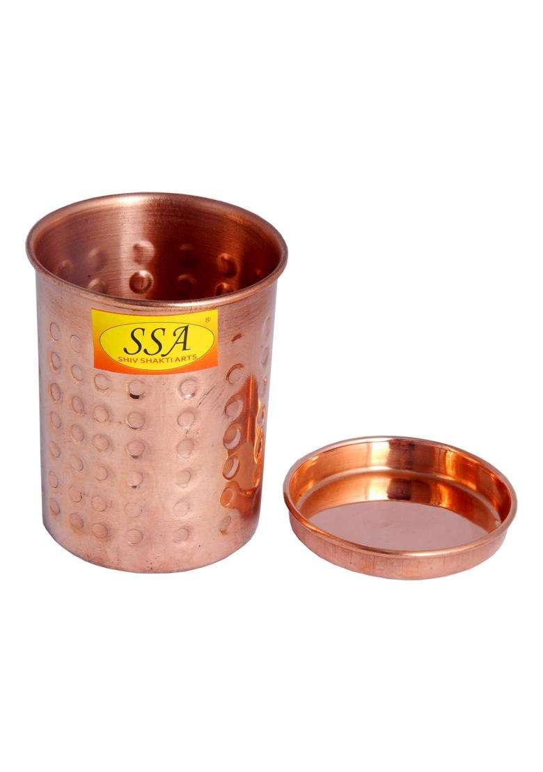 SHIV SHAKTI ARTS Pure Copper Glass Tumbler Cup | 300 ml | 10.1 fl oz | Hammered Finish | With Lid - Indya