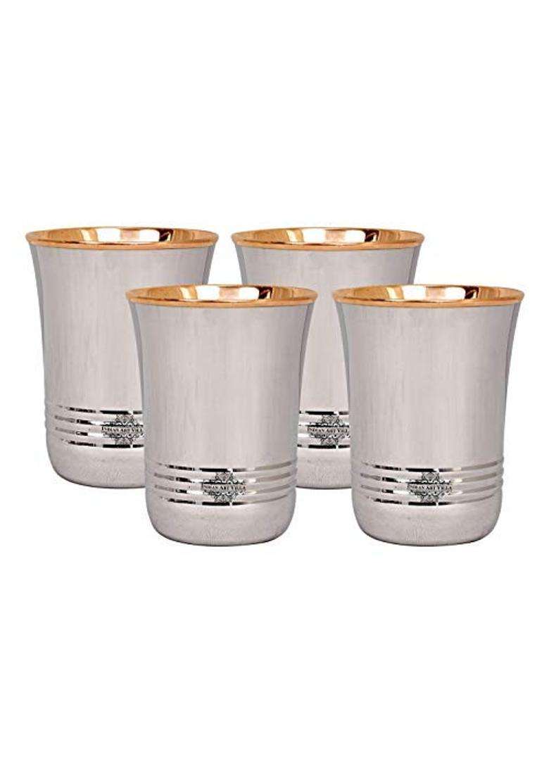INDIAN ART VILLA Steel Copper Glass Tumbler Set | 250 ml | 8.5 fl oz | 4-Piece Set - Indya