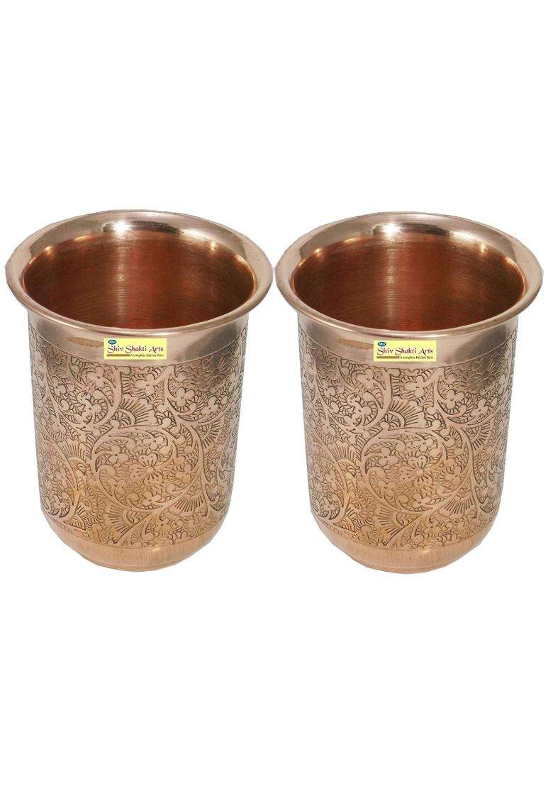 SHIV SHAKTI ARTS Handmade Pure Copper Embossed Glass Tumbler Volume | 200 ml | 6.8 fl oz - Indya