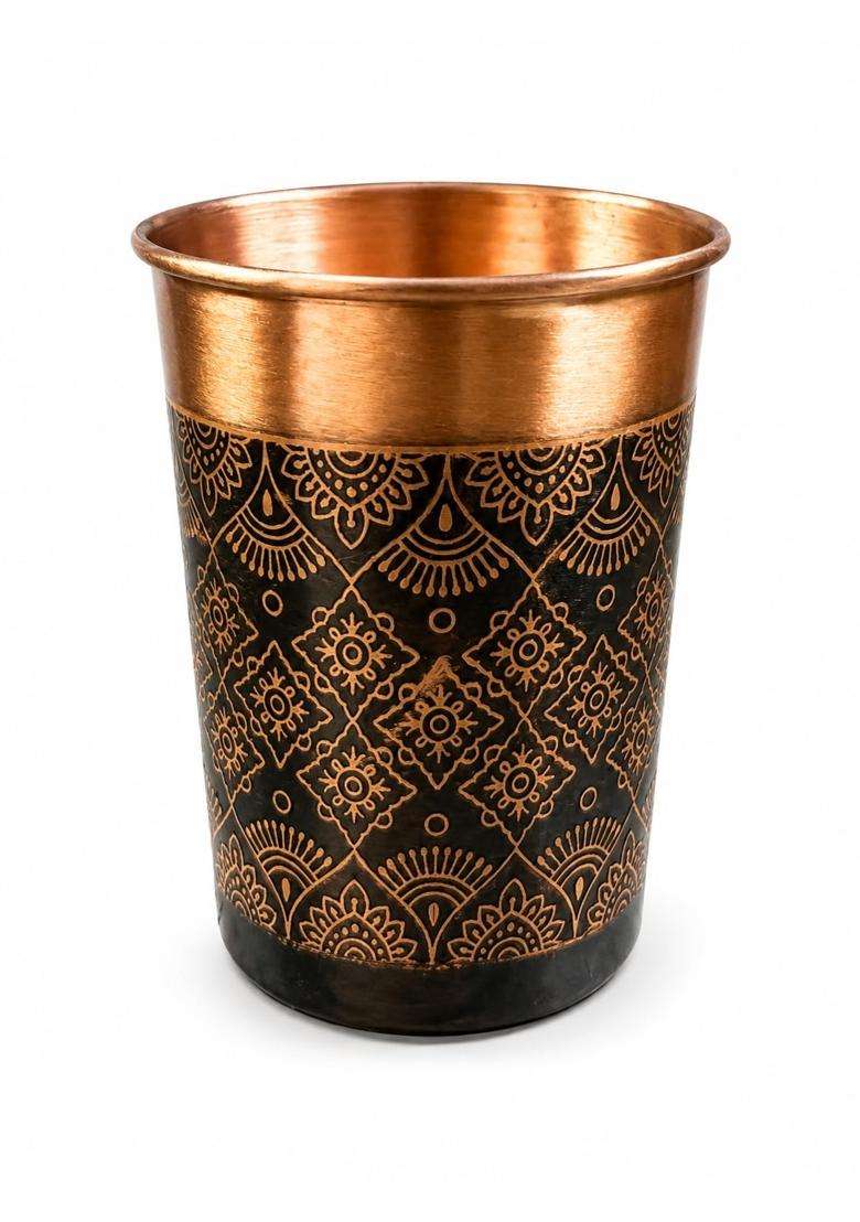 i2collections Pure Copper Water Glass with Handcrafted Etched Design | 300 ml | 10.1 fl oz - Indya