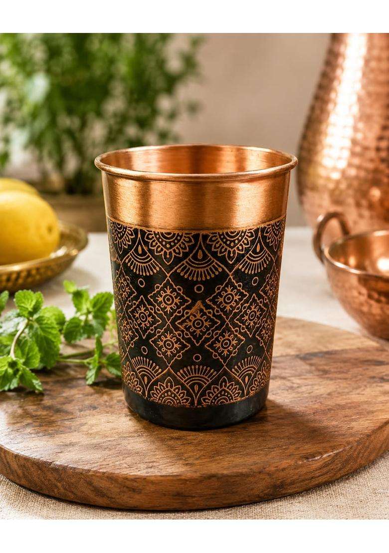 i2collections Pure Copper Water Glass with Handcrafted Etched Design | 300 ml | 10.1 fl oz - Indya