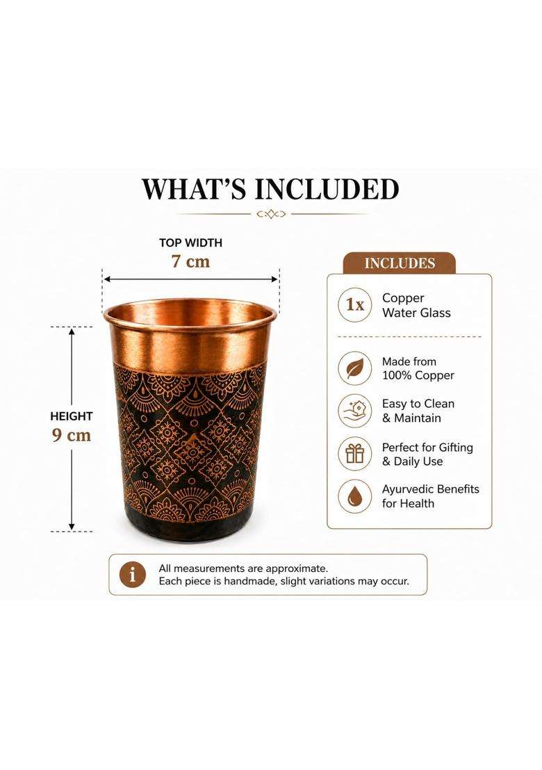 i2collections Pure Copper Water Glass with Handcrafted Etched Design | 300 ml | 10.1 fl oz - Indya