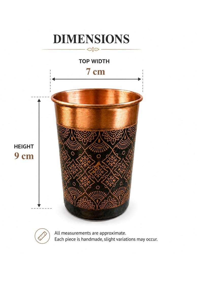 i2collections Pure Copper Water Glass with Handcrafted Etched Design | 300 ml | 10.1 fl oz - Indya