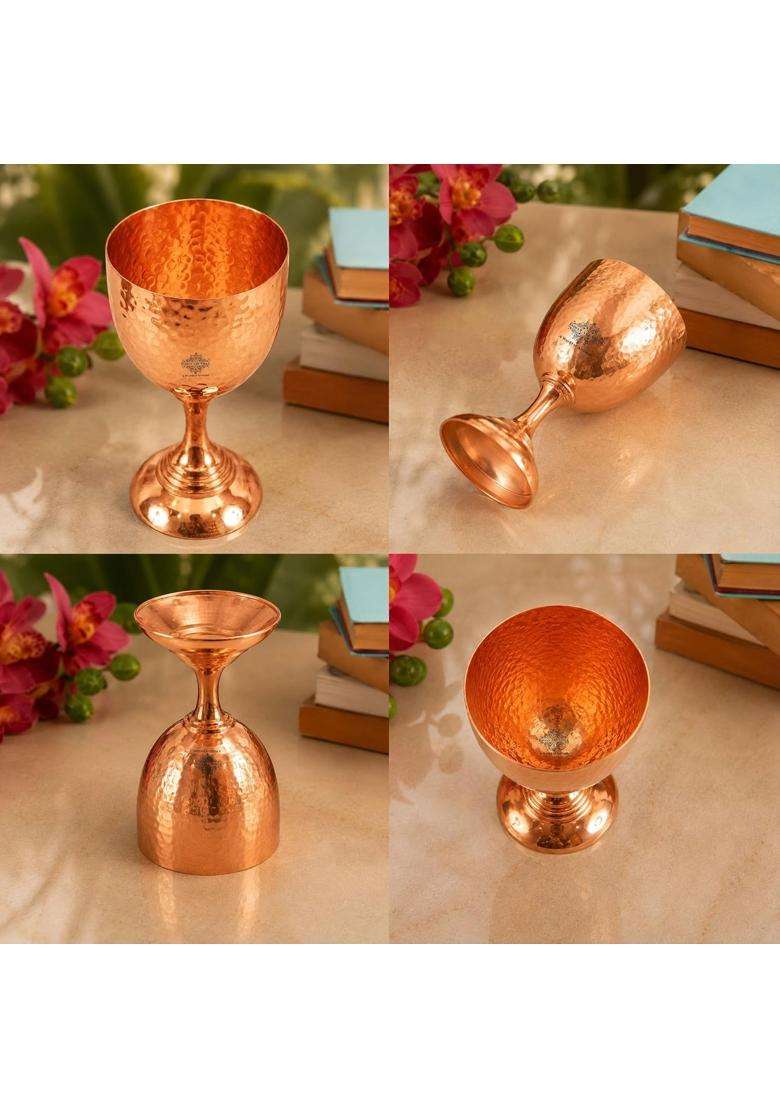 INDIAN ART VILLA Hammered Flute Design Copper Wine Goblet Glass Tumbler | 250 ml | 8.5 fl oz - Indya