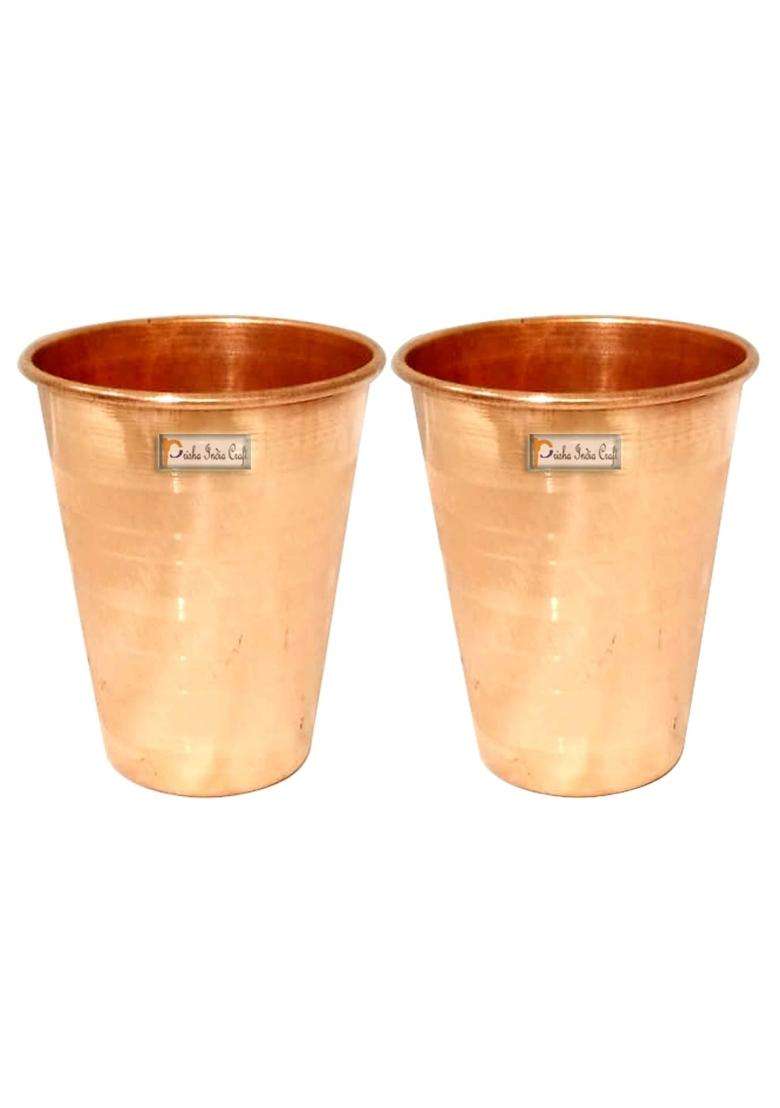 Prisha India Craft Pure Copper Glass Tumbler Luxury Design | 350 ml | 11.8 fl oz | 2-Piece Set - Indya
