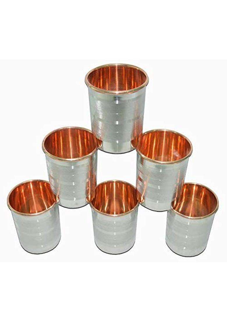 Copper-Master Pure Steel Copper Glass Tumbler Drinkware Serving Water with Copper Inside | 300 ml | 10.1 fl oz | 6-Piece Set - Indya