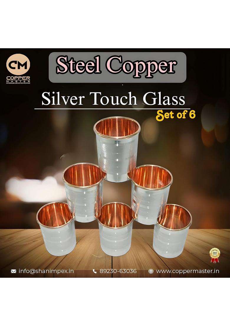 Copper-Master Pure Steel Copper Glass Tumbler Drinkware Serving Water with Copper Inside | 300 ml | 10.1 fl oz | 6-Piece Set - Indya
