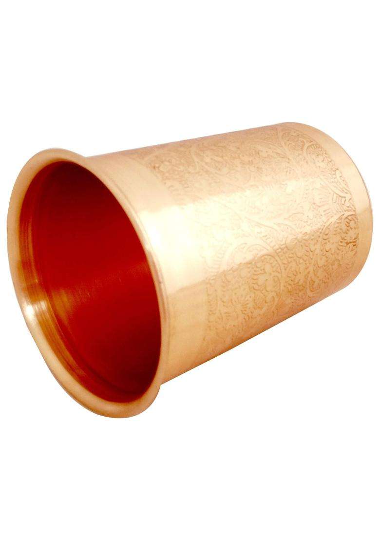 Prisha India Craft Embossed Design Pure Copper Glass Tumbler | 300 ml | 10.1 fl oz | 2-Piece Set - Indya