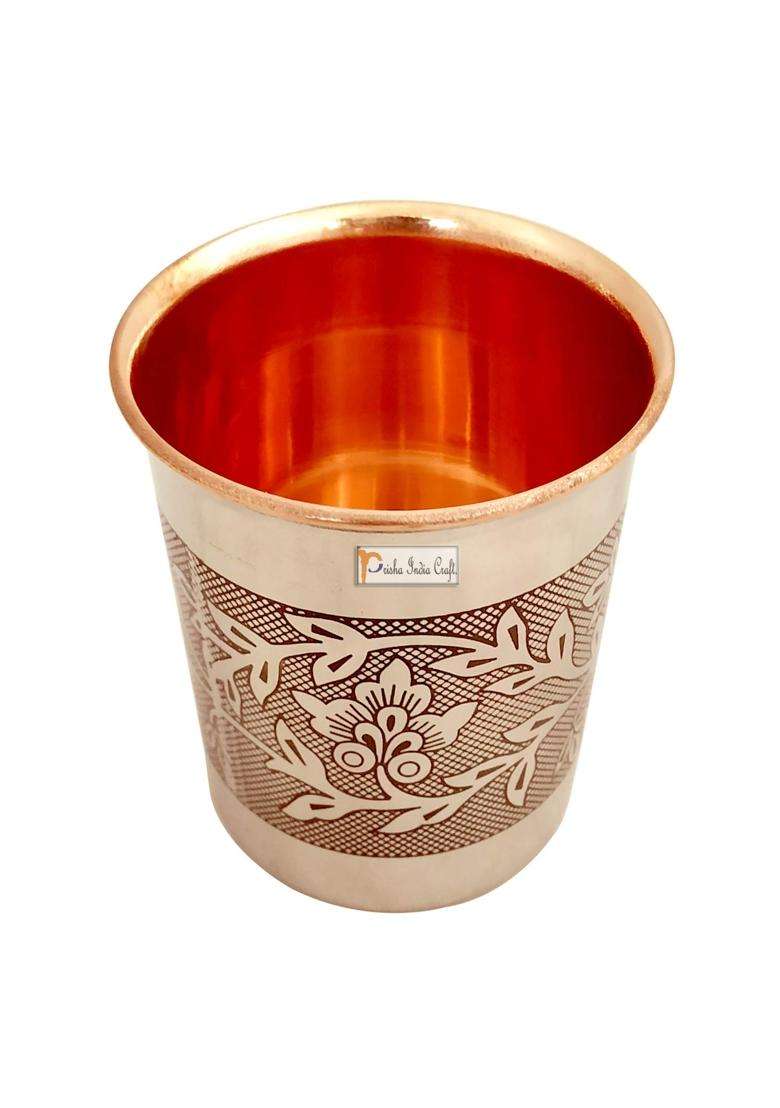 Prisha India Craft Embossed Design Steel Copper Glass Tumbler | 250 ml | 8.5 fl oz - Indya