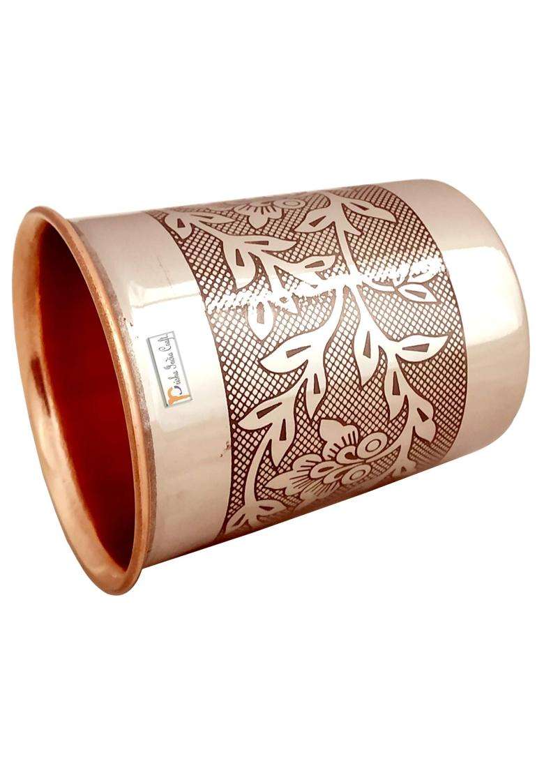 Prisha India Craft Embossed Design Steel Copper Glass Tumbler | 250 ml | 8.5 fl oz - Indya