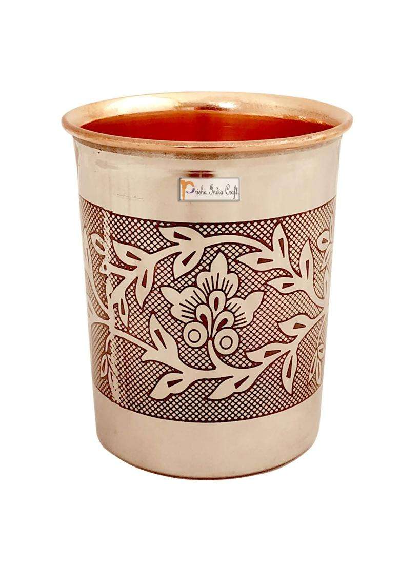 Prisha India Craft Embossed Design Steel Copper Glass Tumbler | 250 ml | 8.5 fl oz - Indya