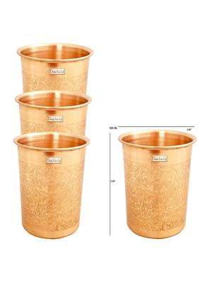 Prisha India Craft Embossed Design Pure Copper Glass Tumbler | 300 ml | 10.1 fl oz | 4-Piece Set