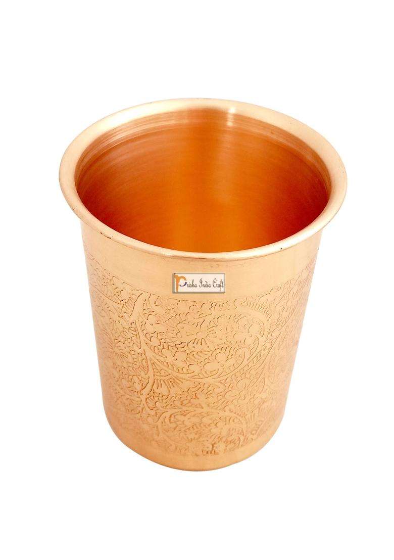 Prisha India Craft Embossed Design Pure Copper Glass Tumbler | 300 ml | 10.1 fl oz | 4-Piece Set - Indya