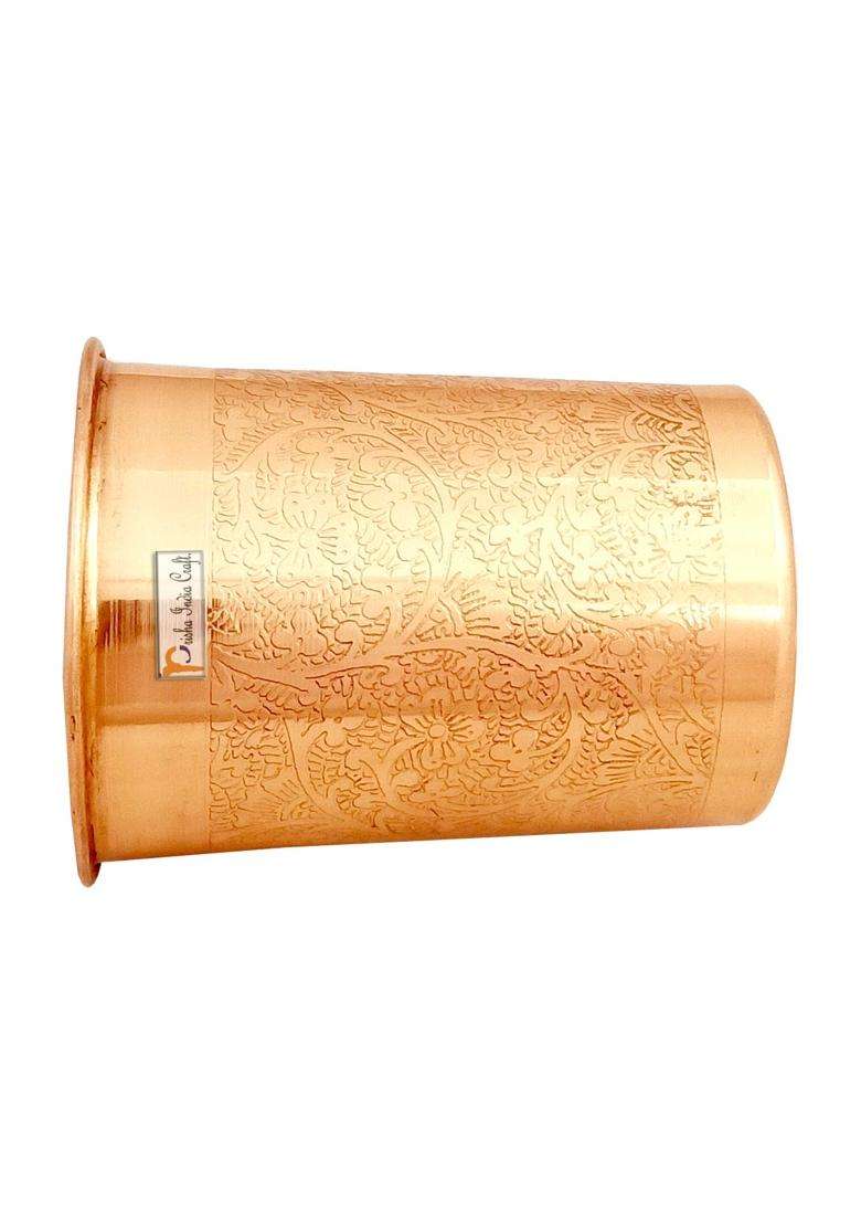 Prisha India Craft Embossed Design Pure Copper Glass Tumbler | 300 ml | 10.1 fl oz | 4-Piece Set - Indya