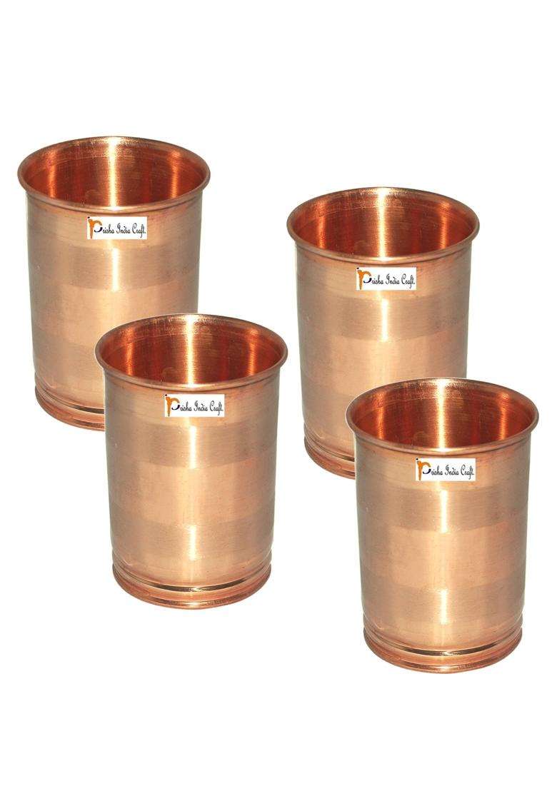 Prisha India Craft Pure Copper Glass Tumbler | 250 ml | 8.5 fl oz | 4-Piece Set - Indya