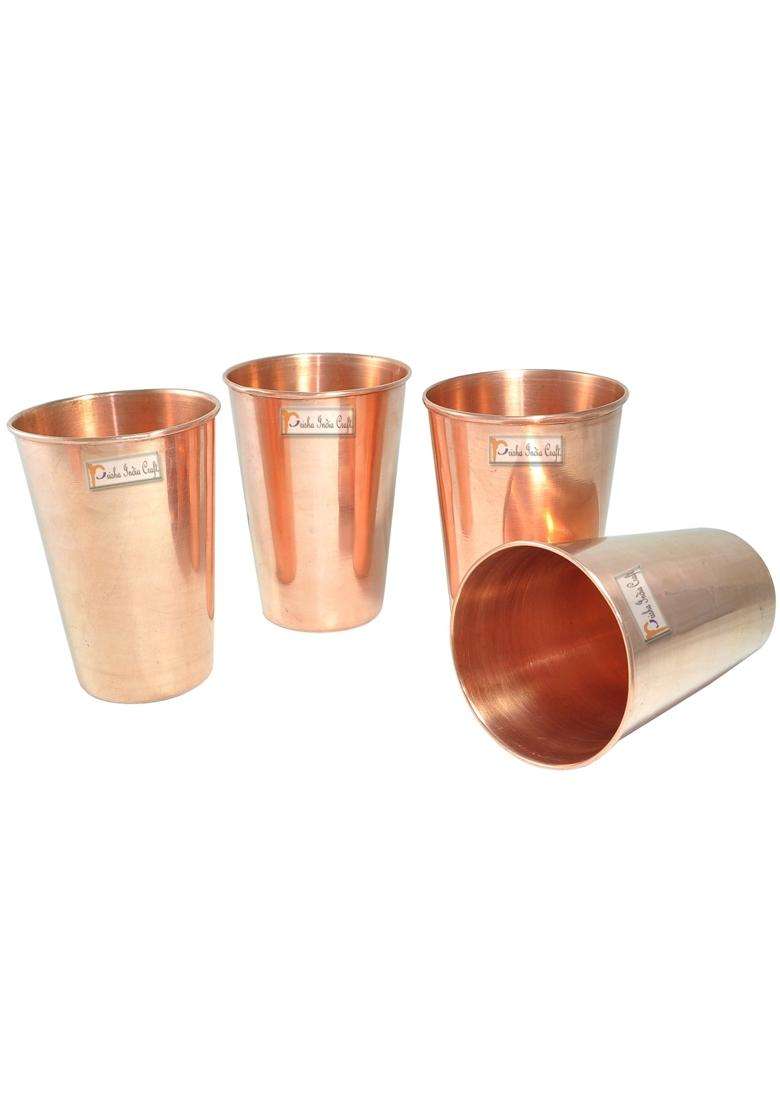 Prisha India Craft Pure Copper Glass Tumbler | 400 ml | 13.5 fl oz | 4-Piece Set - Indya