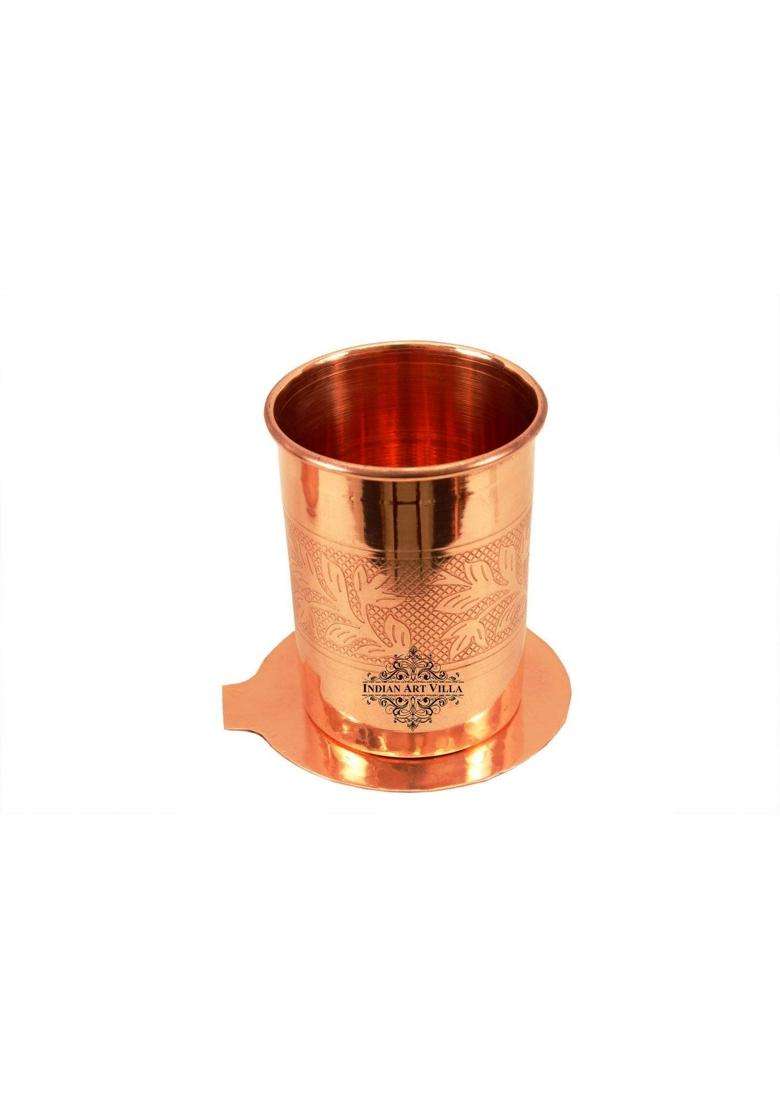 INDIAN ART VILLA Embossed Design Copper Glass Tumbler with Coaster | 300 ml | 10.1 fl oz - Indya