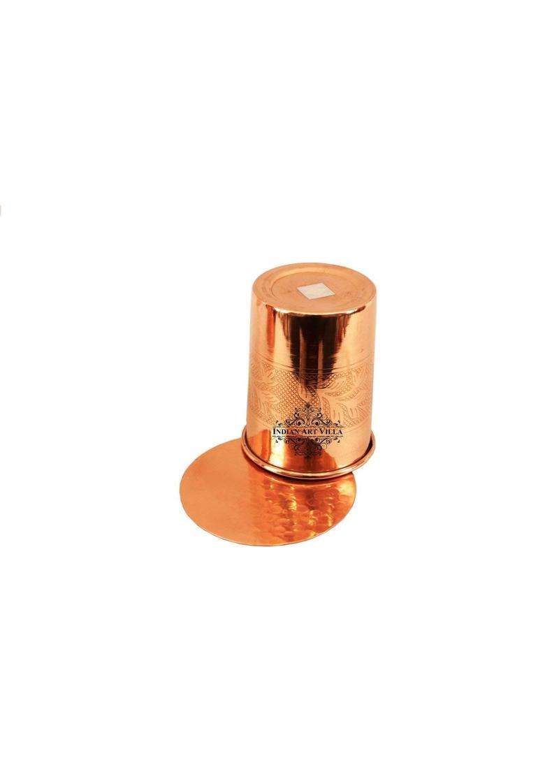 INDIAN ART VILLA Embossed Design Copper Glass Tumbler with Coaster | 300 ml | 10.1 fl oz - Indya