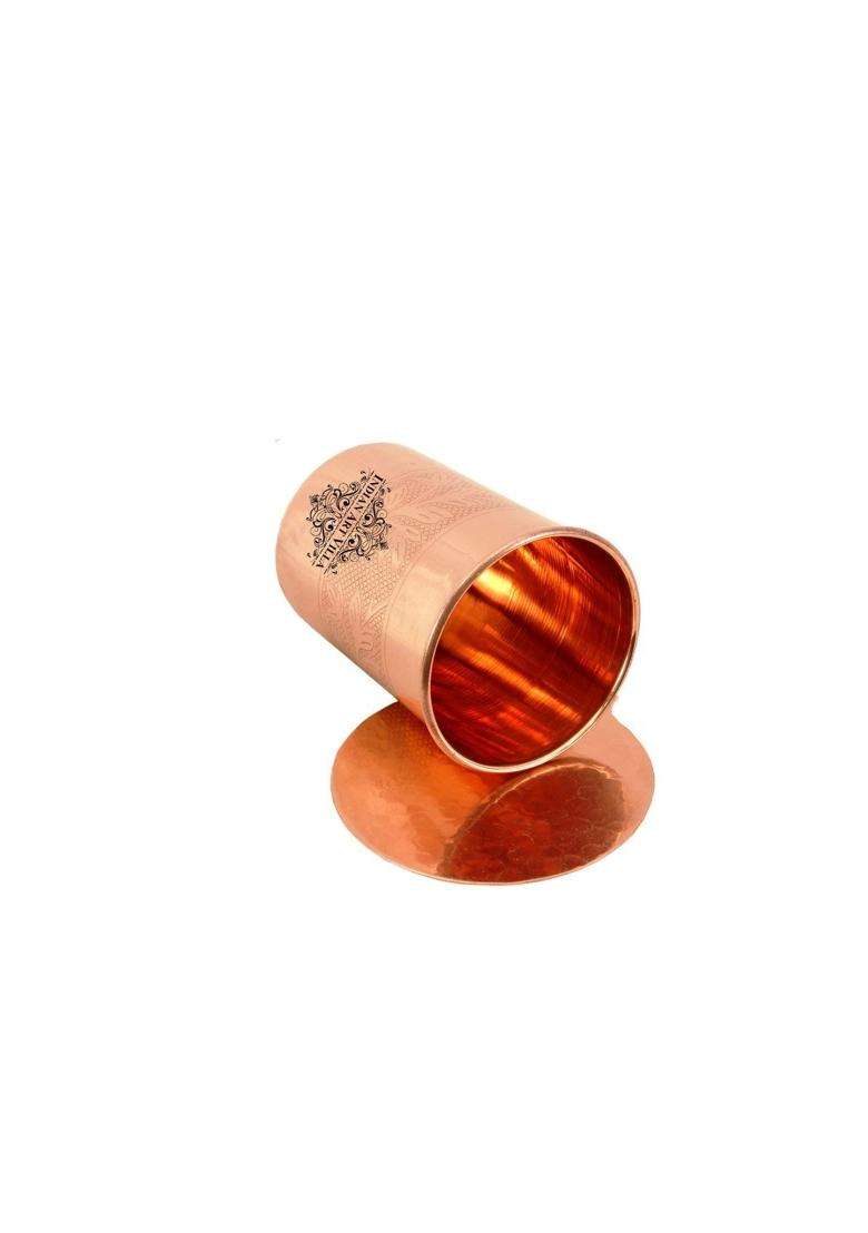 INDIAN ART VILLA Embossed Design Copper Glass Tumbler with Coaster | 300 ml | 10.1 fl oz - Indya