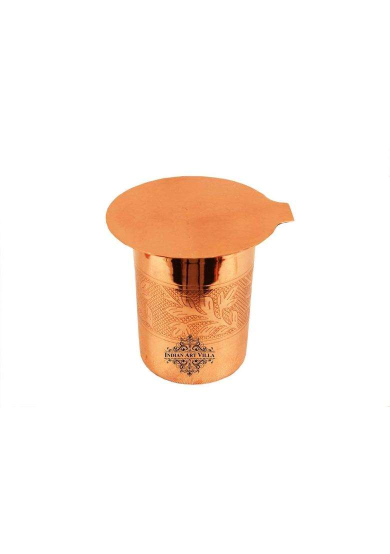 INDIAN ART VILLA Embossed Design Copper Glass Tumbler with Coaster | 300 ml | 10.1 fl oz - Indya