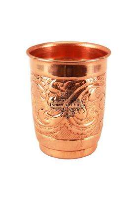 INDIAN ART VILLA Engraved Leaf Design Copper Glass Tumbler Cup | 400 ml | 13.5 fl oz | Handcrafted