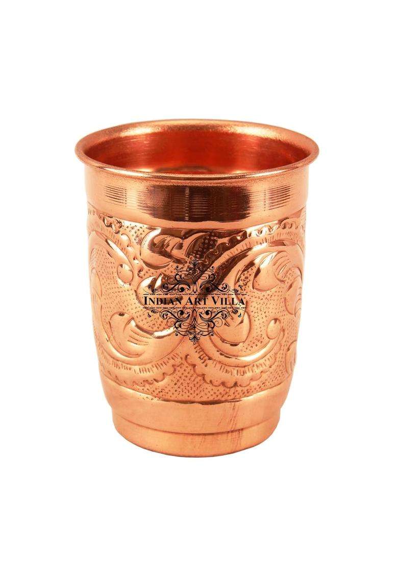 INDIAN ART VILLA Engraved Leaf Design Copper Glass Tumbler Cup | 400 ml | 13.5 fl oz | Handcrafted - Indya