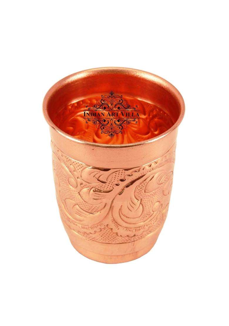 INDIAN ART VILLA Engraved Leaf Design Copper Glass Tumbler Cup | 400 ml | 13.5 fl oz | Handcrafted - Indya