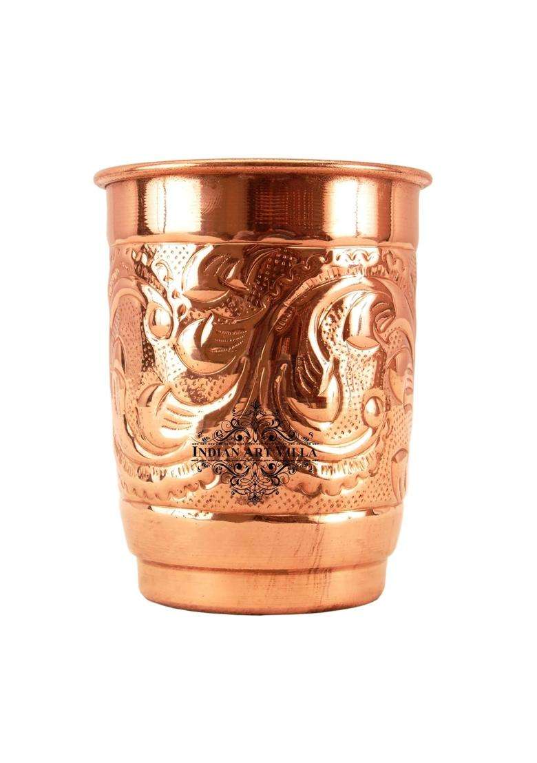 INDIAN ART VILLA Engraved Leaf Design Copper Glass Tumbler Cup | 400 ml | 13.5 fl oz | Handcrafted - Indya