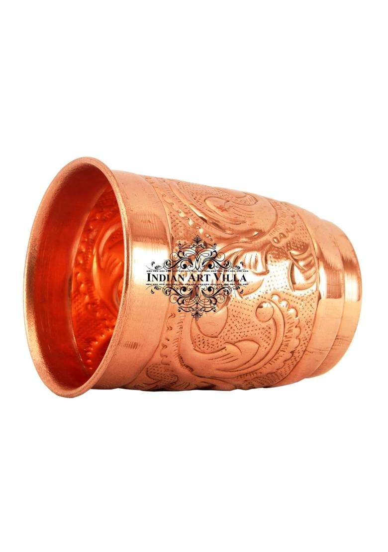 INDIAN ART VILLA Engraved Leaf Design Copper Glass Tumbler Cup | 400 ml | 13.5 fl oz | Handcrafted - Indya