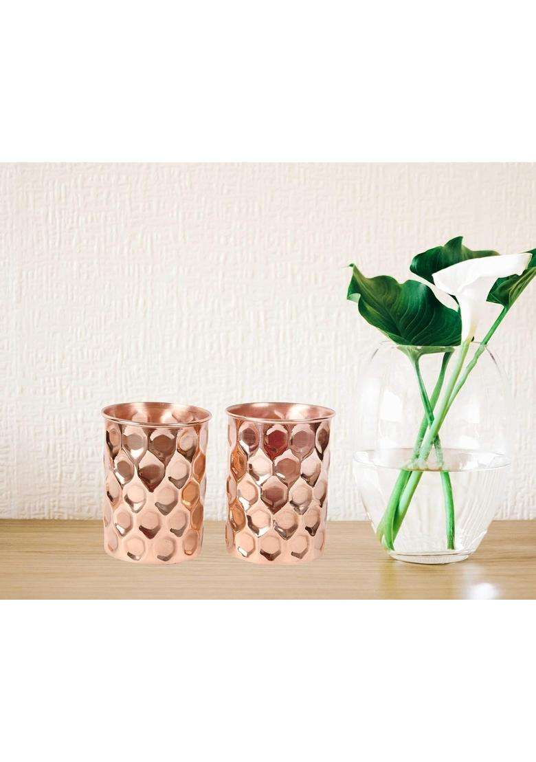 JAIPUR ACE Diamond Hammered Copper Glass Water Tumbler | 300 ml | 10.1 fl oz | 2-Piece Set - Indya