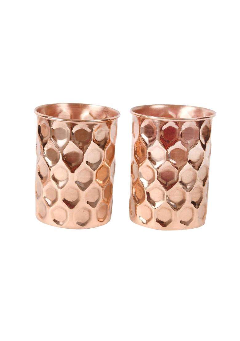 JAIPUR ACE Diamond Hammered Copper Glass Water Tumbler | 300 ml | 10.1 fl oz | 2-Piece Set - Indya