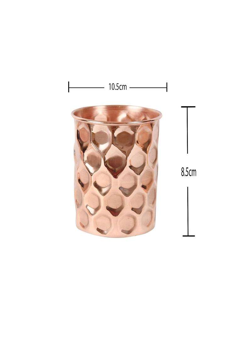 JAIPUR ACE Diamond Hammered Copper Glass Water Tumbler | 300 ml | 10.1 fl oz | 2-Piece Set - Indya