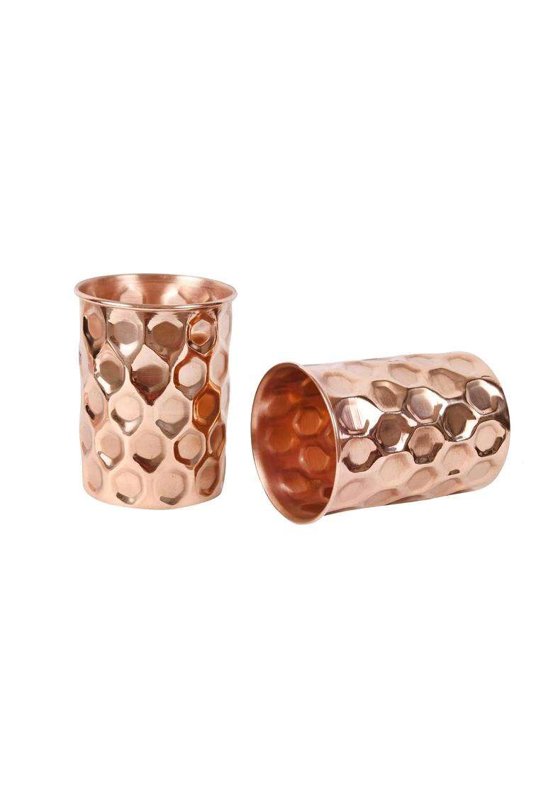 JAIPUR ACE Diamond Hammered Copper Glass Water Tumbler | 300 ml | 10.1 fl oz | 2-Piece Set - Indya