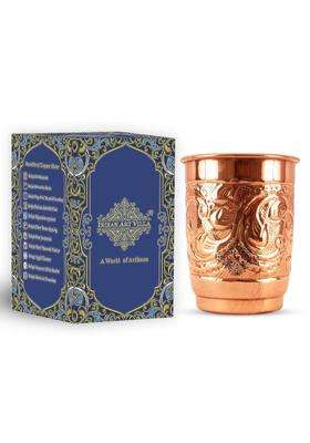 INDIAN ART VILLA Engraved Leaf Design Copper Glass Tumbler Cup | 400 ml | 13.5 fl oz