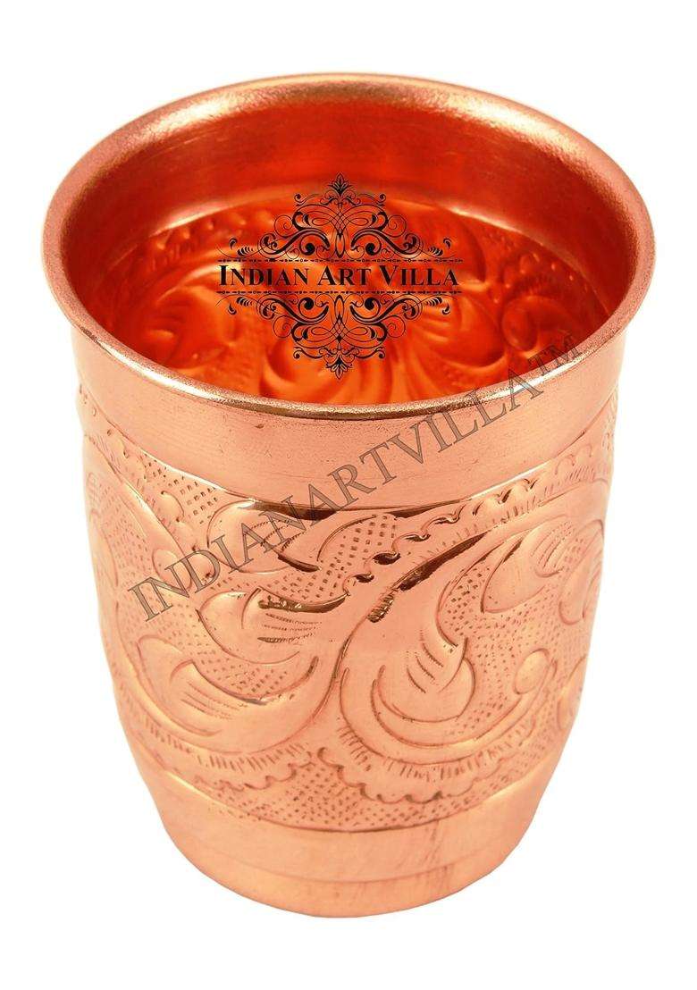 INDIAN ART VILLA Engraved Leaf Design Copper Glass Tumbler Cup | 400 ml | 13.5 fl oz - Indya