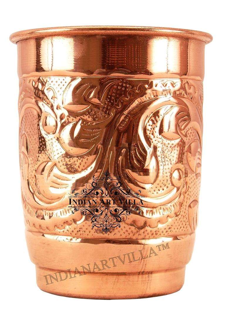 INDIAN ART VILLA Engraved Leaf Design Copper Glass Tumbler Cup | 400 ml | 13.5 fl oz - Indya