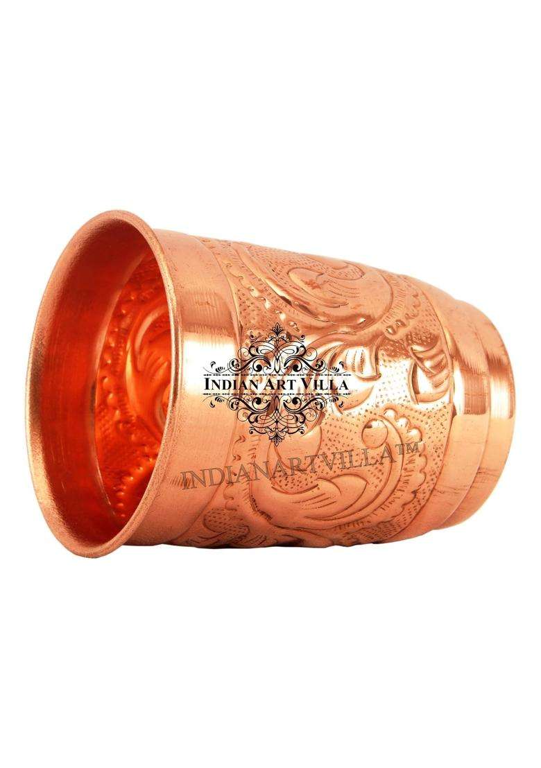 INDIAN ART VILLA Engraved Leaf Design Copper Glass Tumbler Cup | 400 ml | 13.5 fl oz - Indya