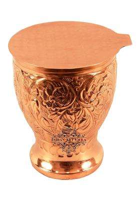 INDIAN ART VILLA 4.4 X 3.4 Pure Copper Engraved Flower Design Glass with Coaster | 350 ml | 11.8 fl oz | 4.4 Inch