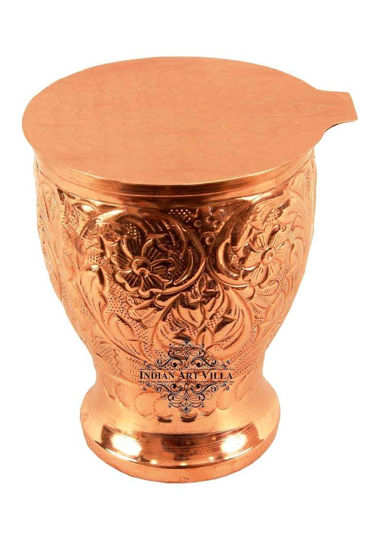 INDIAN ART VILLA 4.4 X 3.4 Pure Copper Engraved Flower Design Glass with Coaster | 350 ml | 11.8 fl oz | 4.4 Inch - Indya