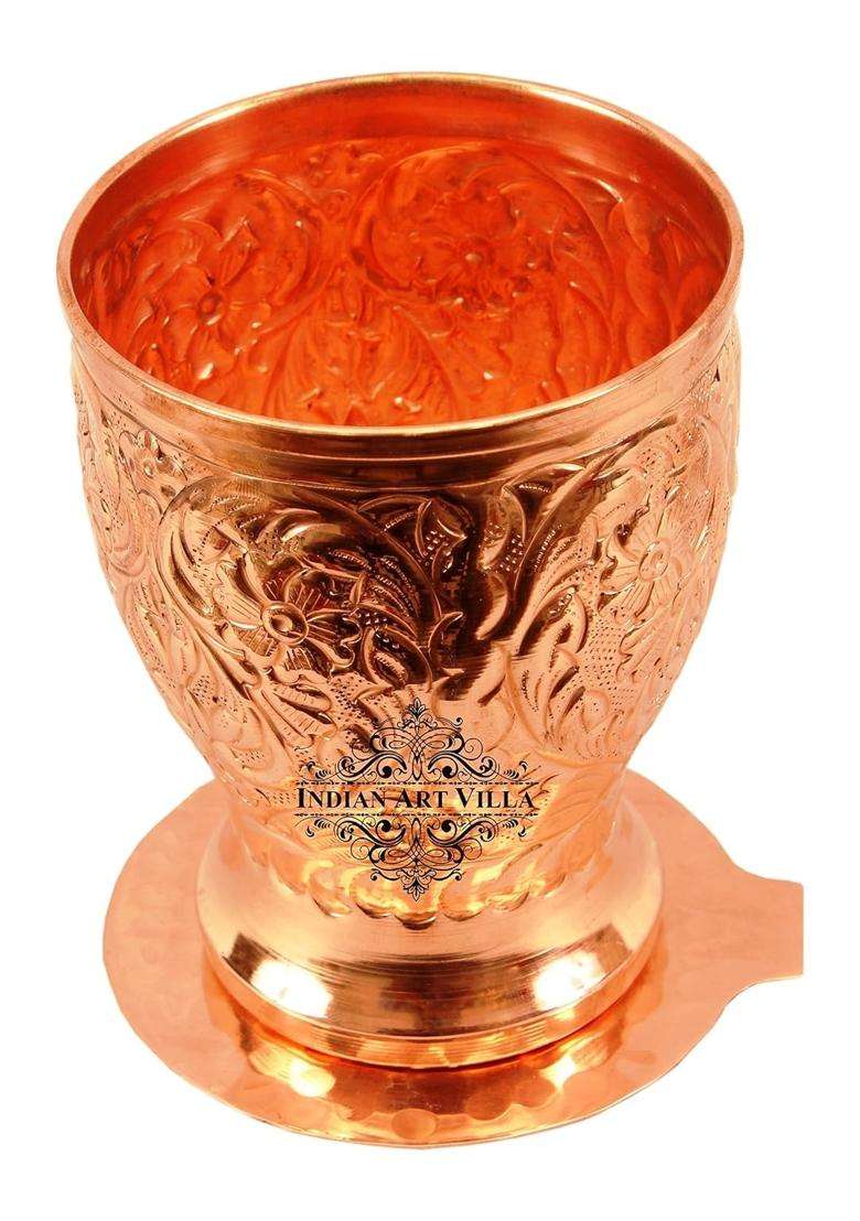 INDIAN ART VILLA 4.4 X 3.4 Pure Copper Engraved Flower Design Glass with Coaster | 350 ml | 11.8 fl oz | 4.4 Inch - Indya
